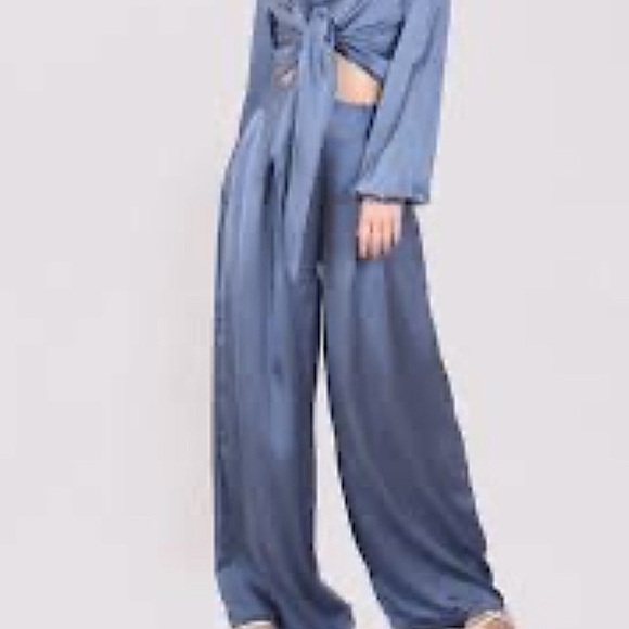 Vintage Judy Knapp Slate Blue Satin Pants Set Sheer Self Tie Halter Top Rayon LG - Picture 14 of 14